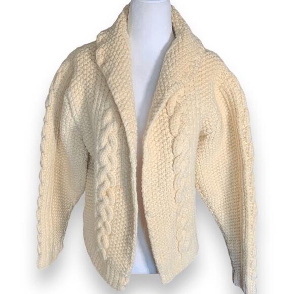 Vintage Hand Knit Chunky Oatmeal Cable Cardigan Sweater Cropped Shawl Collar - Picture 2 of 8